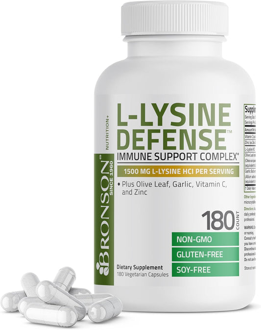 Bronson L-Lysine Defense Immune Support Complex 1500 MG L-Lysine plus Olive Leaf, Garlic, Vitamin C and Zinc - Non-Gmo, 180 Vegetarian Capsules