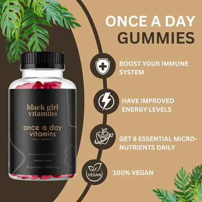 Black Girl Vitamins Once a Day - Womens Multivitamin Gummy - Vitamin A, B, C, E and Zinc. Multivitamin for Women, Immune Support. Vegan, Gluten-Free. Made in the USA (30 Day Supply, Strawberry)
