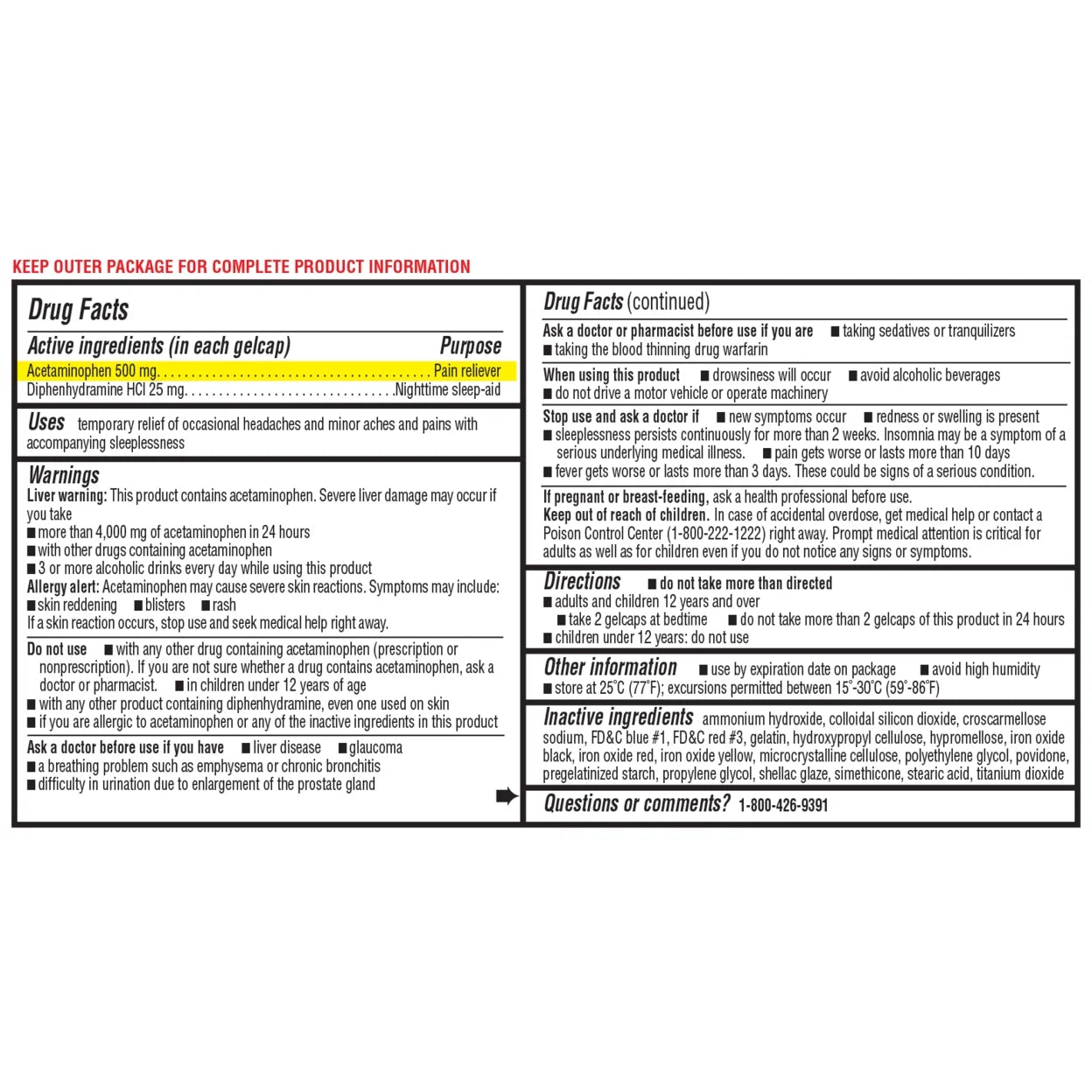 Kirkland Signature Acetaminophen PM 500 Mg. 375 Capsules