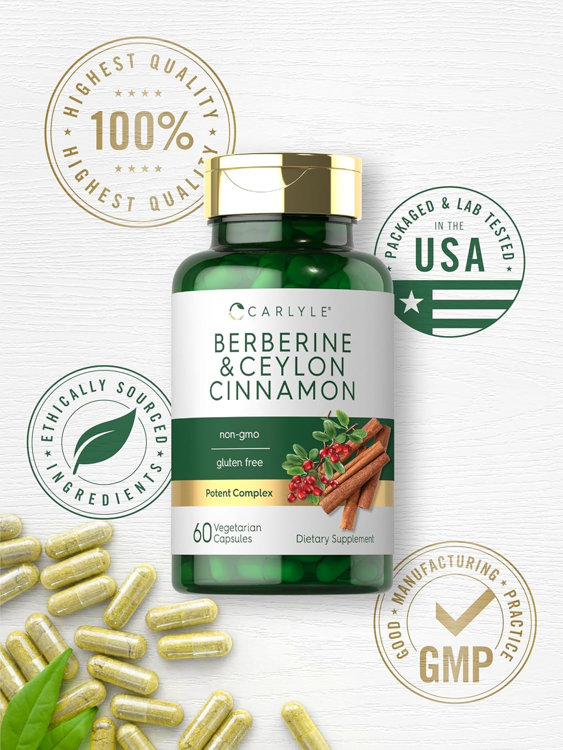 Carlyle Berberine with Ceylon Cinnamon | 2000Mg Complex | 60 Capsules | Vegetarian, Non-Gmo, Gluten Free