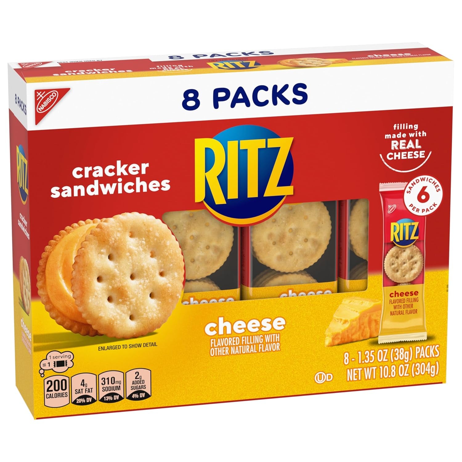 RITZ Cheese Sandwich Crackers, Lunch Snacks, 8 Ct. Case of 6