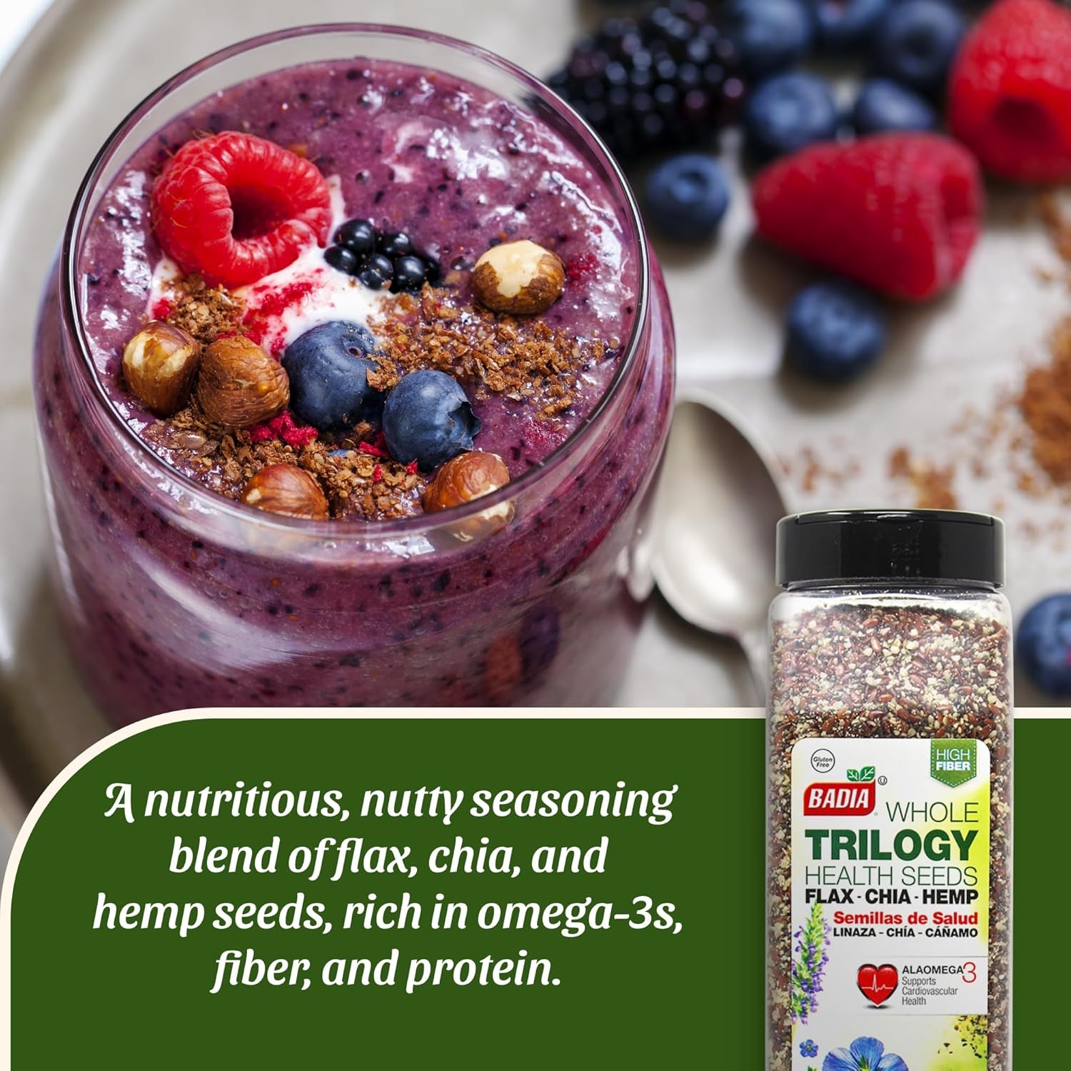 Badia Trilogy Health Seed, Flax, Chia, Hemp Seeds , 21 Oz Case of 6