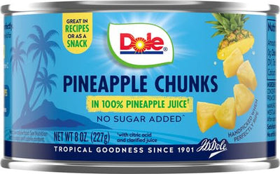 Dole Canned Fruit, Pineapple Chunks in 100% Pineapple Juice, Gluten Free, Pantry Staples, 8 Oz, Packaging May Vary