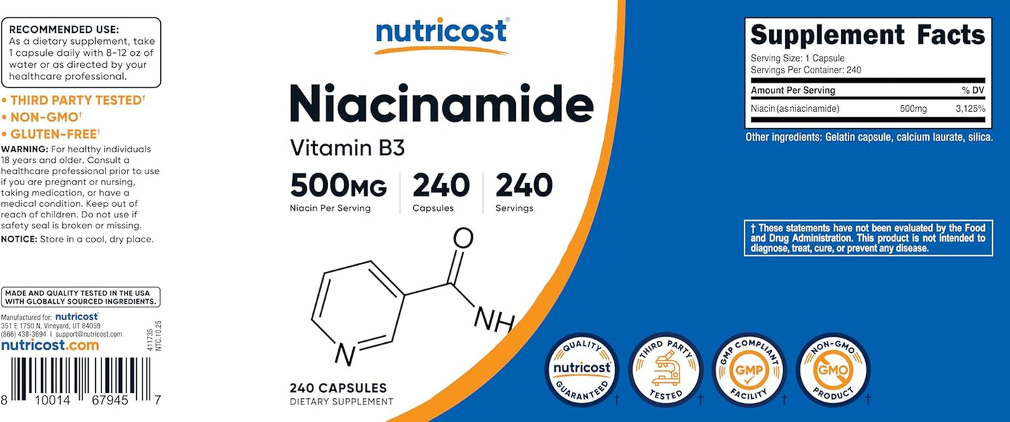Niacinamide (Vitamin B3) 500Mg, 240 Capsules - Non-Gmo, Gluten Free, Flush Free Vitamin B3