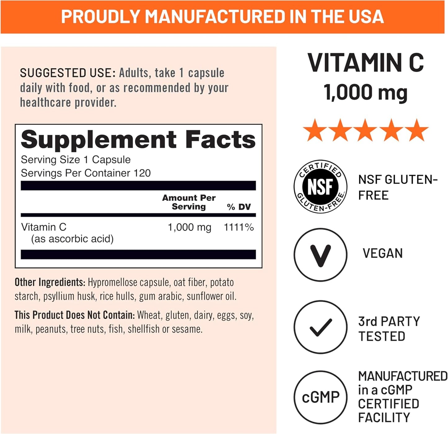 Naturewise Vitamin C 1000Mg Capsules - Extra Strength Vegan Vitamin C for Daily Antioxidant & Immune Support - Non-Gmo, USA Manufactured - 120 Capsules[120-Day Supply]