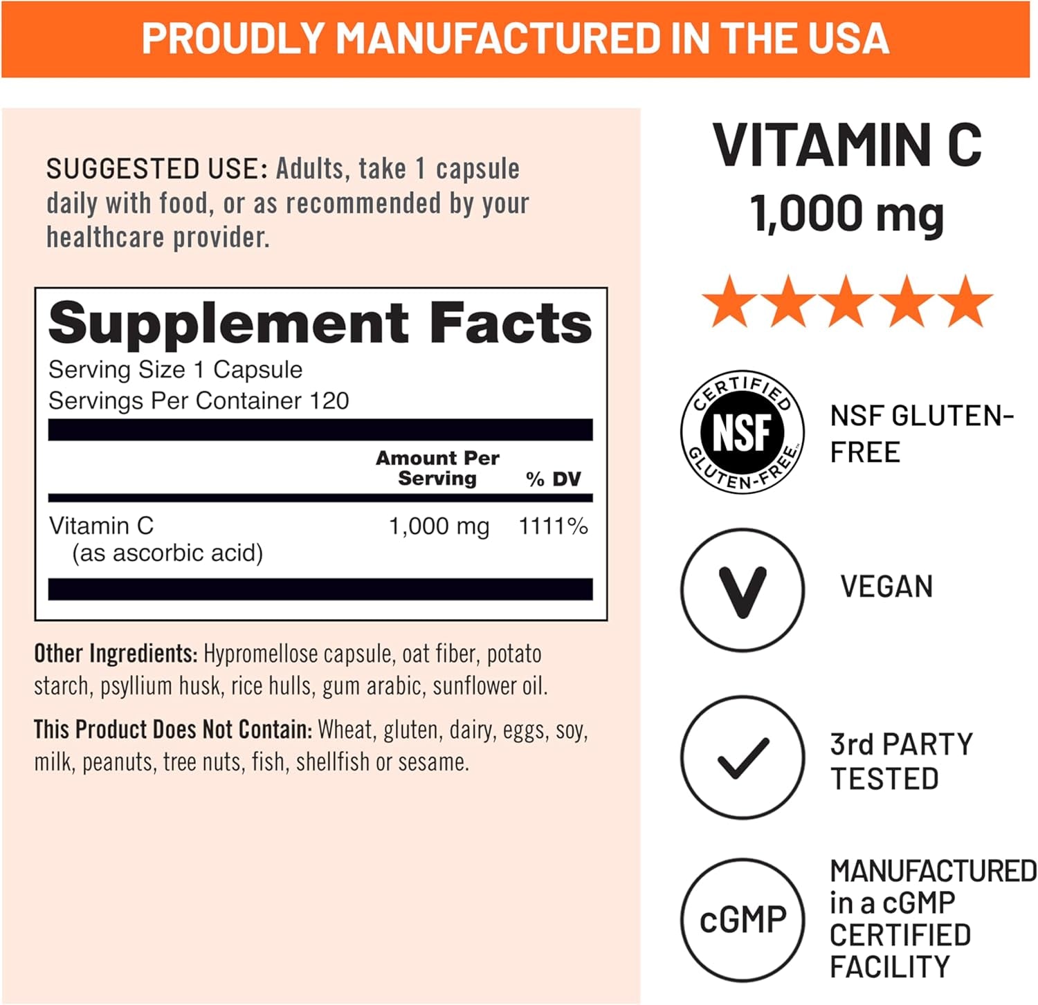 Naturewise Vitamin C 1000Mg Capsules - Extra Strength Vegan Vitamin C for Daily Antioxidant & Immune Support - Non-Gmo, USA Manufactured - 120 Capsules[120-Day Supply]