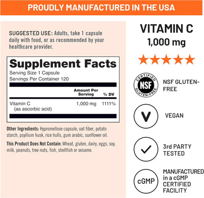 Naturewise Vitamin C 1000Mg Capsules - Extra Strength Vegan Vitamin C for Daily Antioxidant & Immune Support - Non-Gmo, USA Manufactured - 120 Capsules[120-Day Supply]