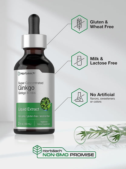 Horbäach Ginkgo Biloba Extract Liquid 2 Fl Oz | Alcohol-Free Herb Supplement | Vegetarian, Non-Gmo, Gluten Free