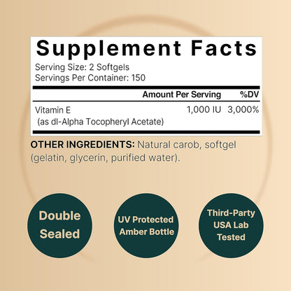 Naturebell Vitamin E Oil Softgels, 1,000 IU per Serving, 300 Pills | Essential Antioxidant Supplements, Easily Absorbed Form – Supports Skin, Heart, & Immune Health – Non-Gmo