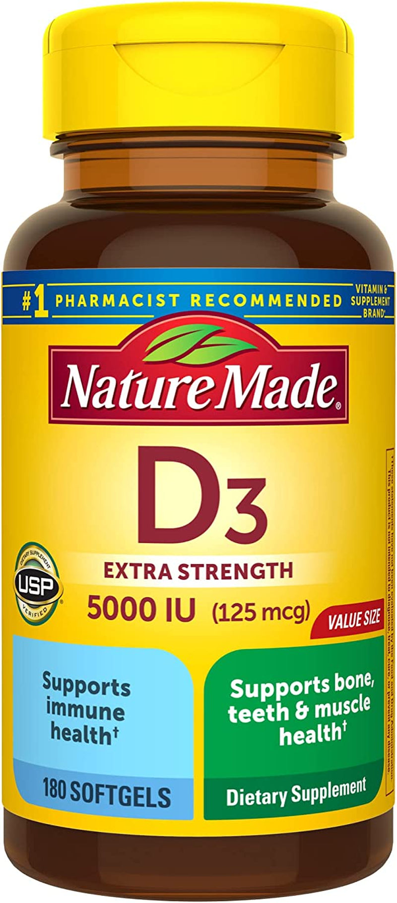 Nature Made Vitamin D3 5000 IU (125 Mcg) Softgels, Extra Strength Vitamin D Supplement for Bone and Immune Health Support, 180 Count, 180 Day Supply