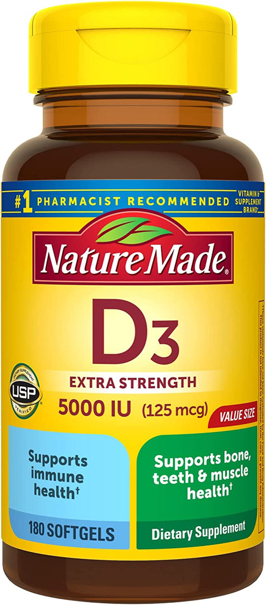 Nature Made Vitamin D3 5000 IU (125 Mcg) Softgels, Extra Strength Vitamin D Supplement for Bone and Immune Health Support, 180 Count, 180 Day Supply