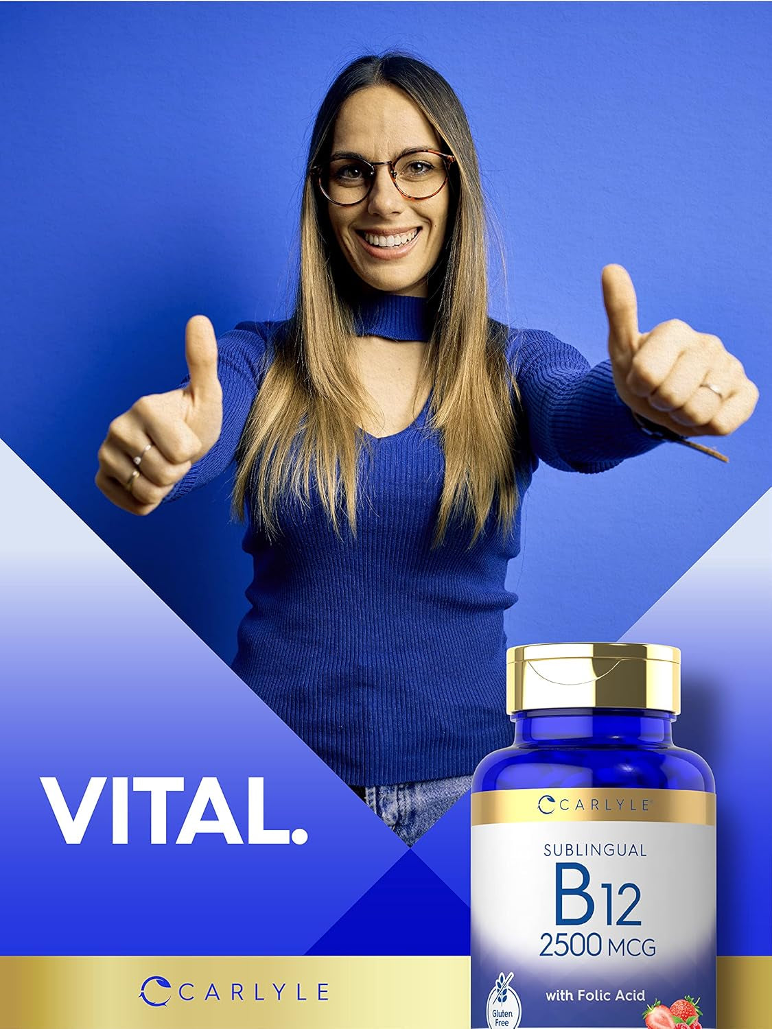 Carlyle Vitamin B12 Sublingual 2500 Mcg | 250 Fast Dissolve Tablets | Cyanocobalamin Supplement with Folic Acid for Adults | Natural Berry Flavor | Vegetarian, Non-Gmo, and Gluten Free