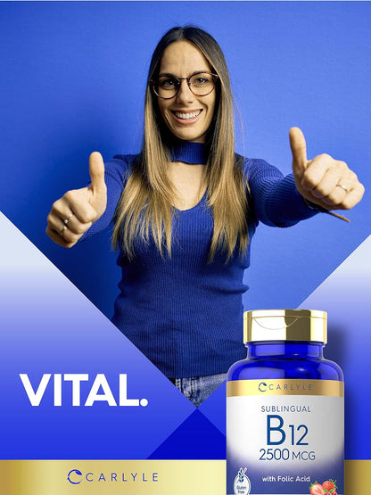 Carlyle Vitamin B12 Sublingual 2500 Mcg | 250 Fast Dissolve Tablets | Cyanocobalamin Supplement with Folic Acid for Adults | Natural Berry Flavor | Vegetarian, Non-Gmo, and Gluten Free