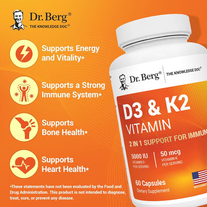 Dr. Berg Maximum Strength 2-In-1 Vitamin D3 K2 5000 IU | Naturally Derived D3 | 4X Lab-Tested & Verified | High Absorption Formula | K2 D3 Vitamin Supplement - 60 Capsules