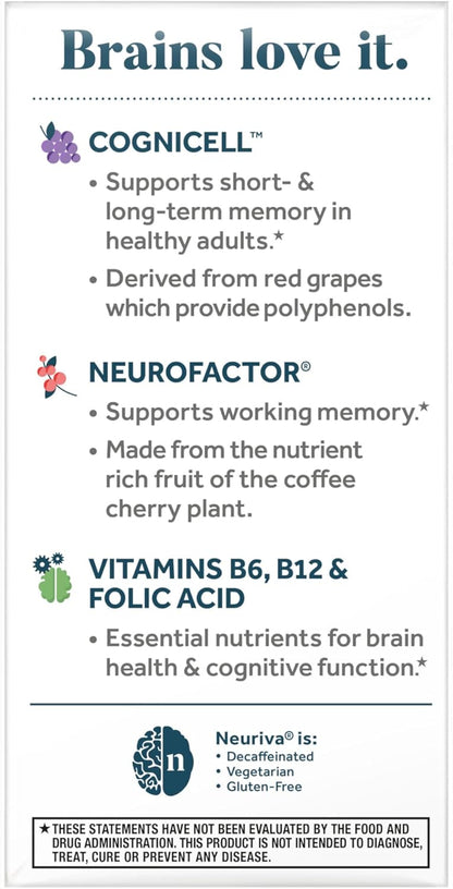 NEURIVA Memory 3D Brain Supplement - Decaffeinated Nootropic Capsules for Memory, Focus, & Cognitive Function - Short Term, Long Term, & Working Memory Support - 50Ct