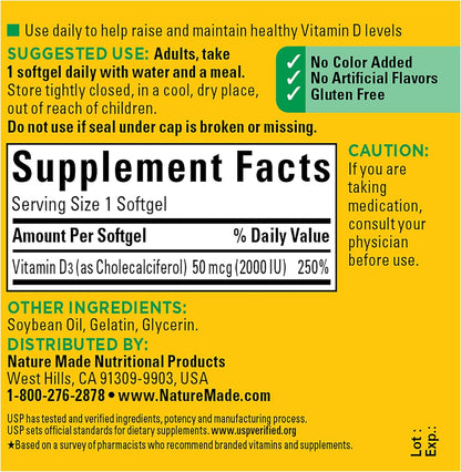 Nature Made Vitamin D3 2000 IU (50 Mcg), Vitamin D Supplement for Bone, Teeth, Muscle and Immune Health Support, 90 Softgels, 90 Day Supply