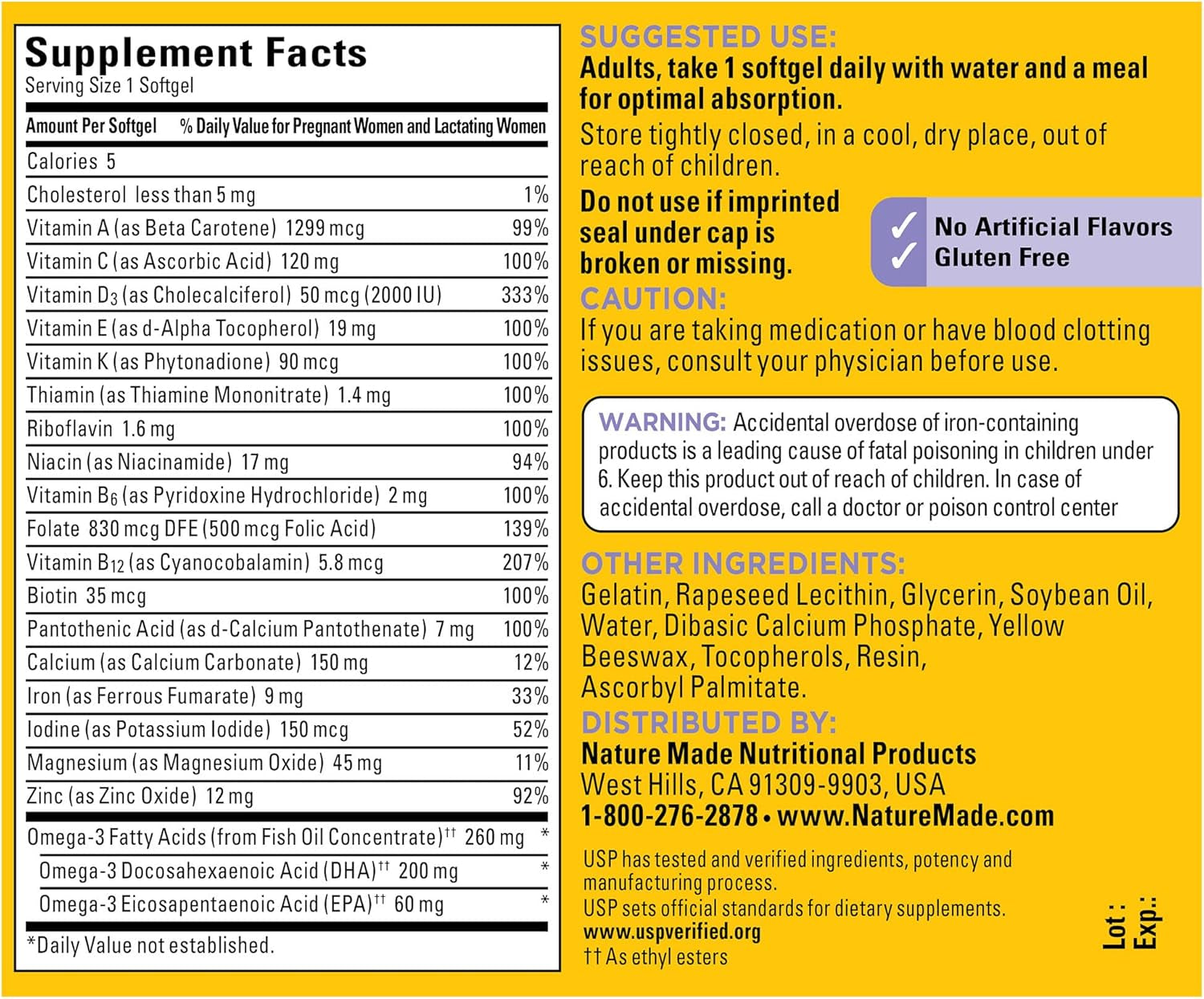 Nature Made Postnatal Multivitamin + DHA 200 Mg, Postnatal Vitamins for Breastfeeding Moms & Babies, Vitamins & Nutrients Include Iron, Vitamin D3, Calcium, Iodine and More, 60 Softgels