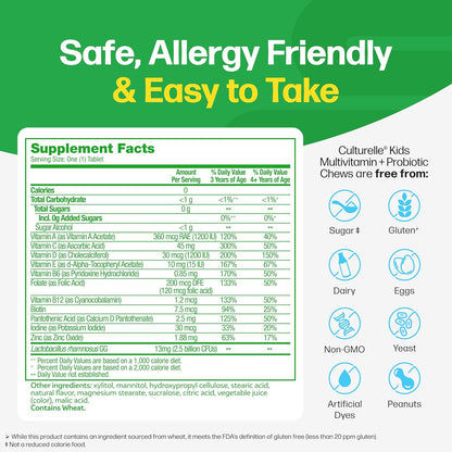 Culturelle Kids Complete Chewable Multivitamin + Probiotic for Kids, Ages 3+, 50 Count, Digestive Health, Oral Health & Immune Support - with 11 Vitamins & Minerals, Including Vitamin C, D3 & Zinc