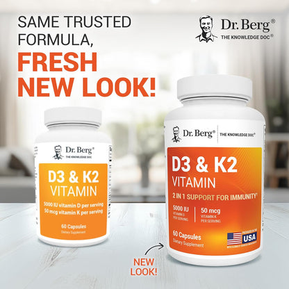 Dr. Berg Maximum Strength 2-In-1 Vitamin D3 K2 5000 IU | Naturally Derived D3 | 4X Lab-Tested & Verified | High Absorption Formula | K2 D3 Vitamin Supplement - 60 Capsules