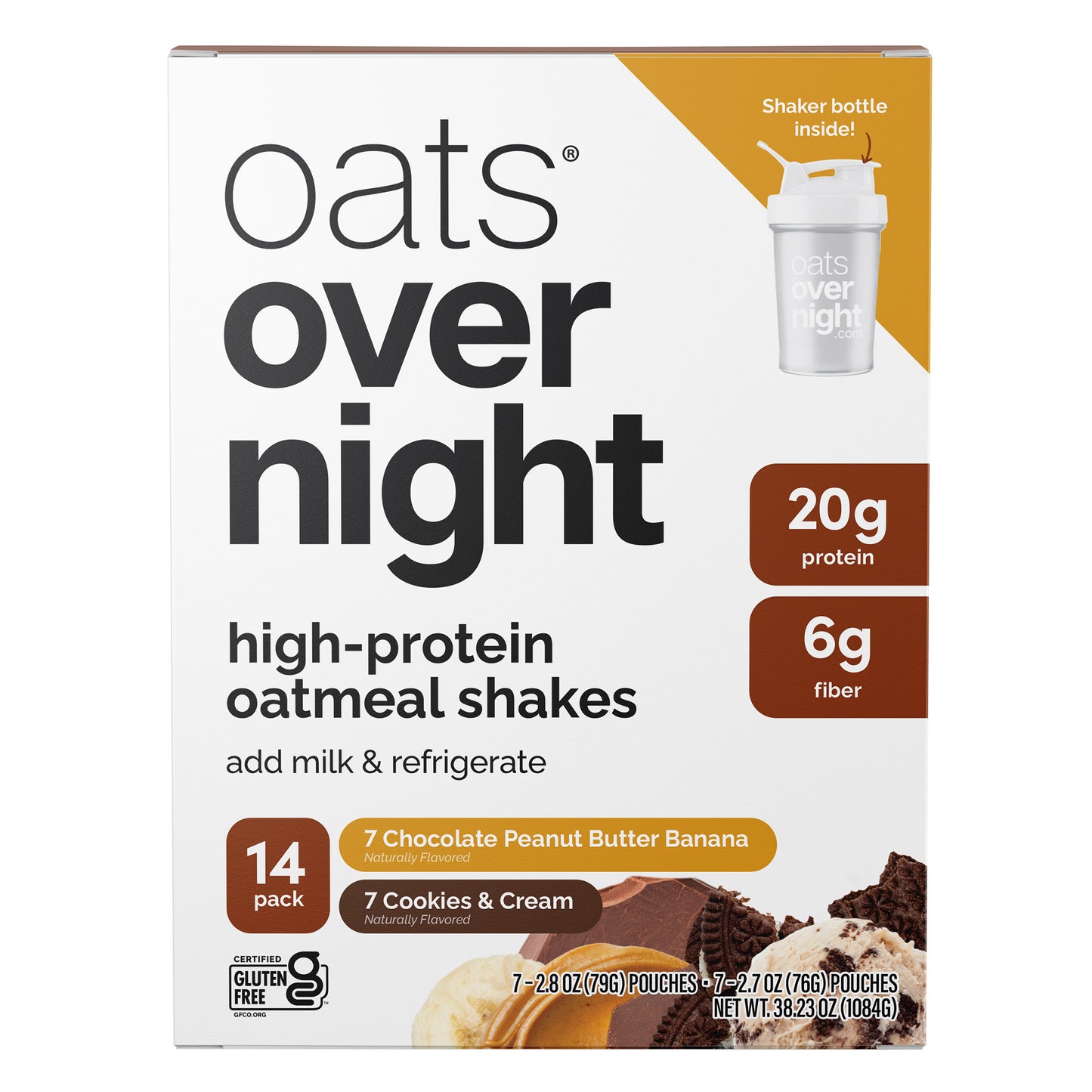 Oats Overnight Variety Pack, 20G Protein Shake, Cookies & Cream & Chocolate Peanut Butter Banana (14-Pack + Blenderbottle)
