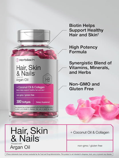 Horbäach Hair Skin and Nails Vitamins | 300 Softgels | with Biotin and Collagen | Infused with Argan Oil and Coconut Oil | Non-Gmo, Gluten Free Supplement