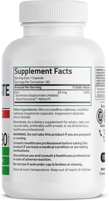 Bronson Iron Bisglycinate 25 Mg Gentle on the Stomach, Supports Energy & Healthy Red Blood Cell Production - Non-Constipating Formula - Non GMO, 90 Vegetarian Capsules