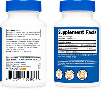 Vitamin K2 (MK7) (100Mcg) + Vitamin D3 (5000 IU) 120 Softgels - Gluten Free and Non-Gmo