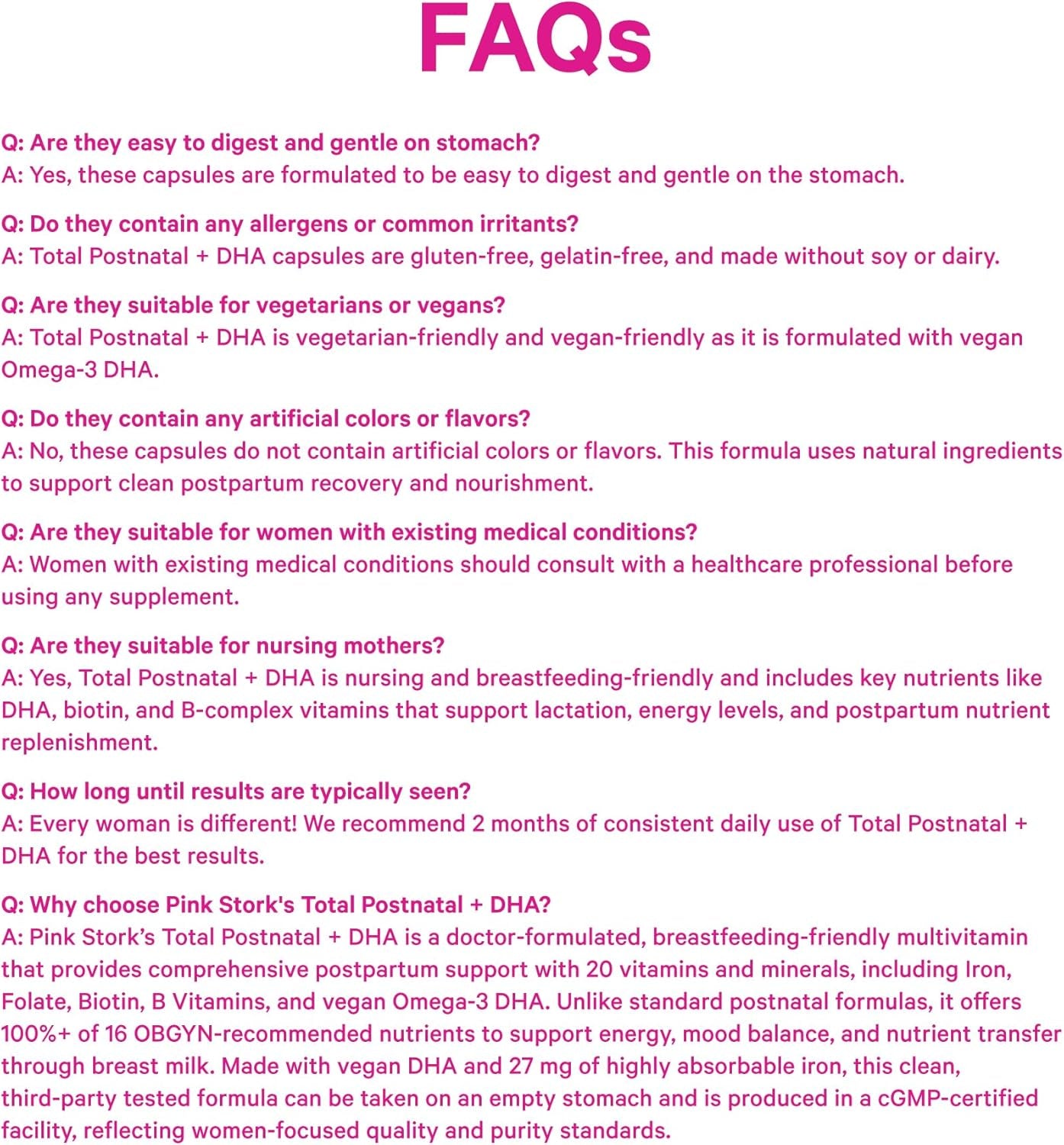 Pink Stork Total Postnatal Vitamins for Women with Vegan DHA, Iron, Folate, and Vitamin B12, Postpartum Recovery Essentials, Daily Supplement for Breastfeeding Moms - 1 Month Supply