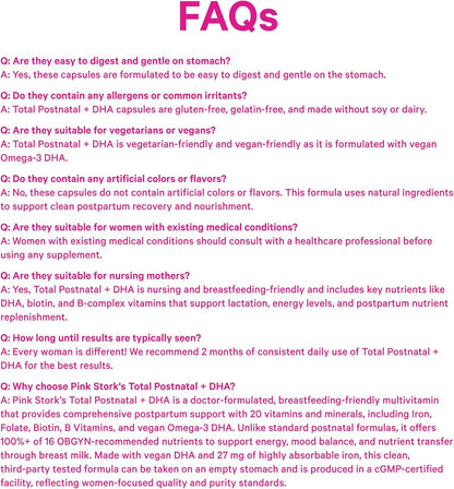Pink Stork Total Postnatal Vitamins for Women with Vegan DHA, Iron, Folate, and Vitamin B12, Postpartum Recovery Essentials, Daily Supplement for Breastfeeding Moms - 1 Month Supply