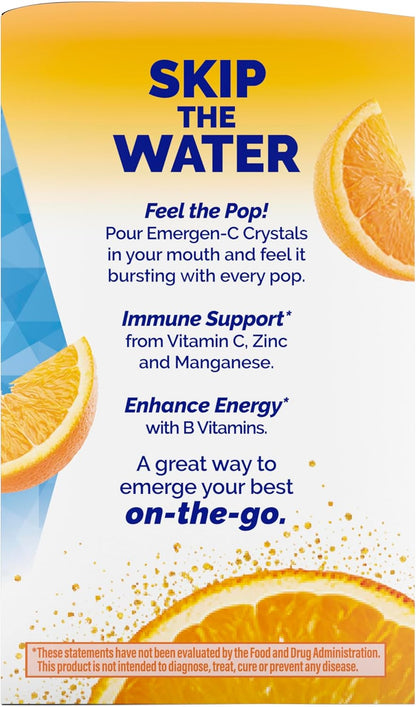 Emergen-C Crystals, On-The-Go Emergen-C Immune Support Supplement with Vitamin C, B Vitamins, Zinc and Manganese, Orange Vitality - 56 Stick Packs