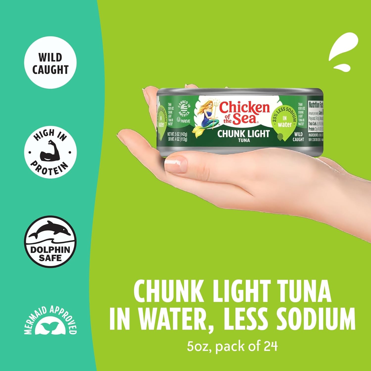 Chicken of the Sea Wild Caught Chunk Light Tuna, 25% Less sodium 5 Oz Case of 24