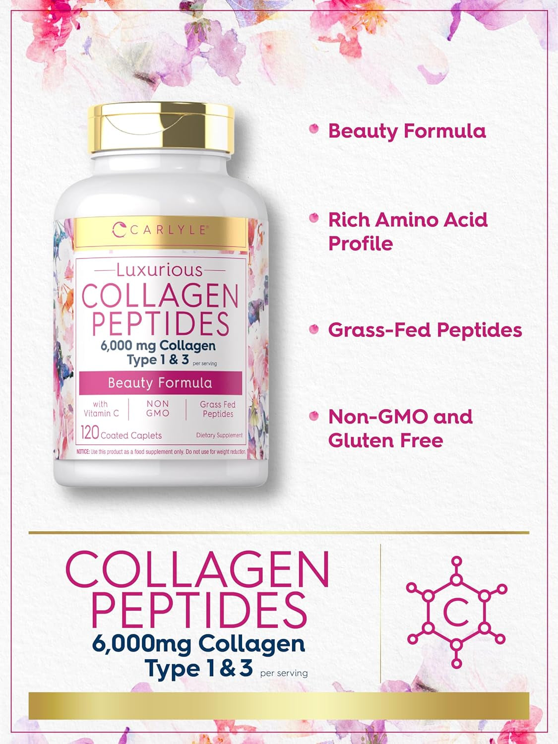 Carlyle Collagen Peptides with Vitamin C | 6000Mg | 120 Caplets | Grass Fed Type II & III | Beauty Formula | Non-Gmo, Gluten Free Supplement