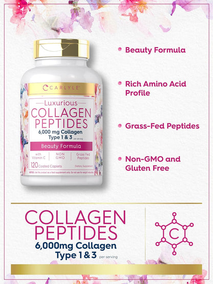 Carlyle Collagen Peptides with Vitamin C | 6000Mg | 120 Caplets | Grass Fed Type II & III | Beauty Formula | Non-Gmo, Gluten Free Supplement