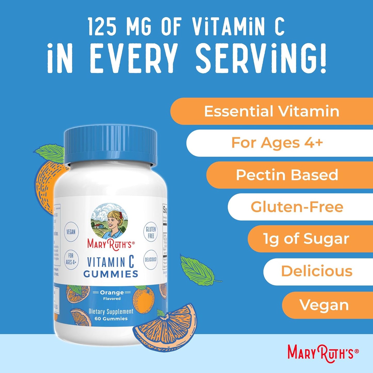 Maryruth Organics Vegan Vitamin C Gummies | 2 Month Supply | Immune Support Supplement for Adults & Kids | Chewable Vitamin C Gummy Vitamins | Non-Gmo | Pectin Based | 60 Count