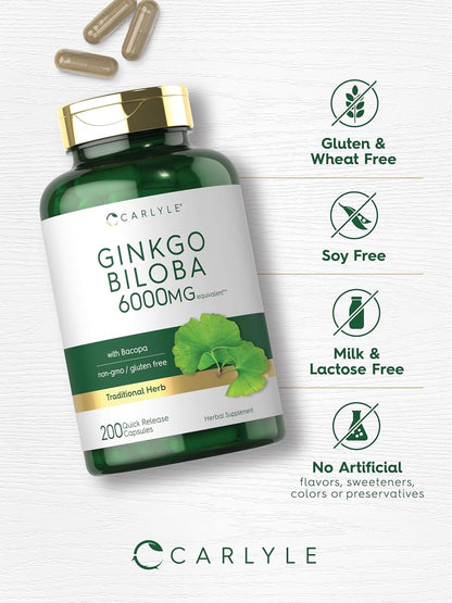 Carlyle Ginkgo Biloba Pills | 6000Mg | 200 Capsules | with Bacoba Extract | Extra Strength, Non-Gmo and Gluten Free Herbal Supplement