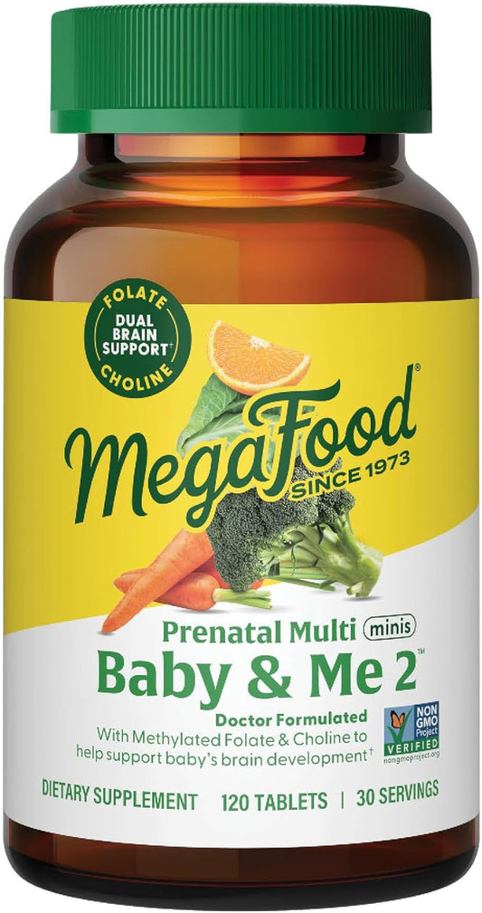 Megafood Baby & Me 2 Prenatal Multi Minis - Prenatal Vitamins for Women with Choline & Methyl Folate - Gluten-Free, Vegetarian, Pre Natal Multivitamin for Women – 120 Minis Tablets, 30 Servings