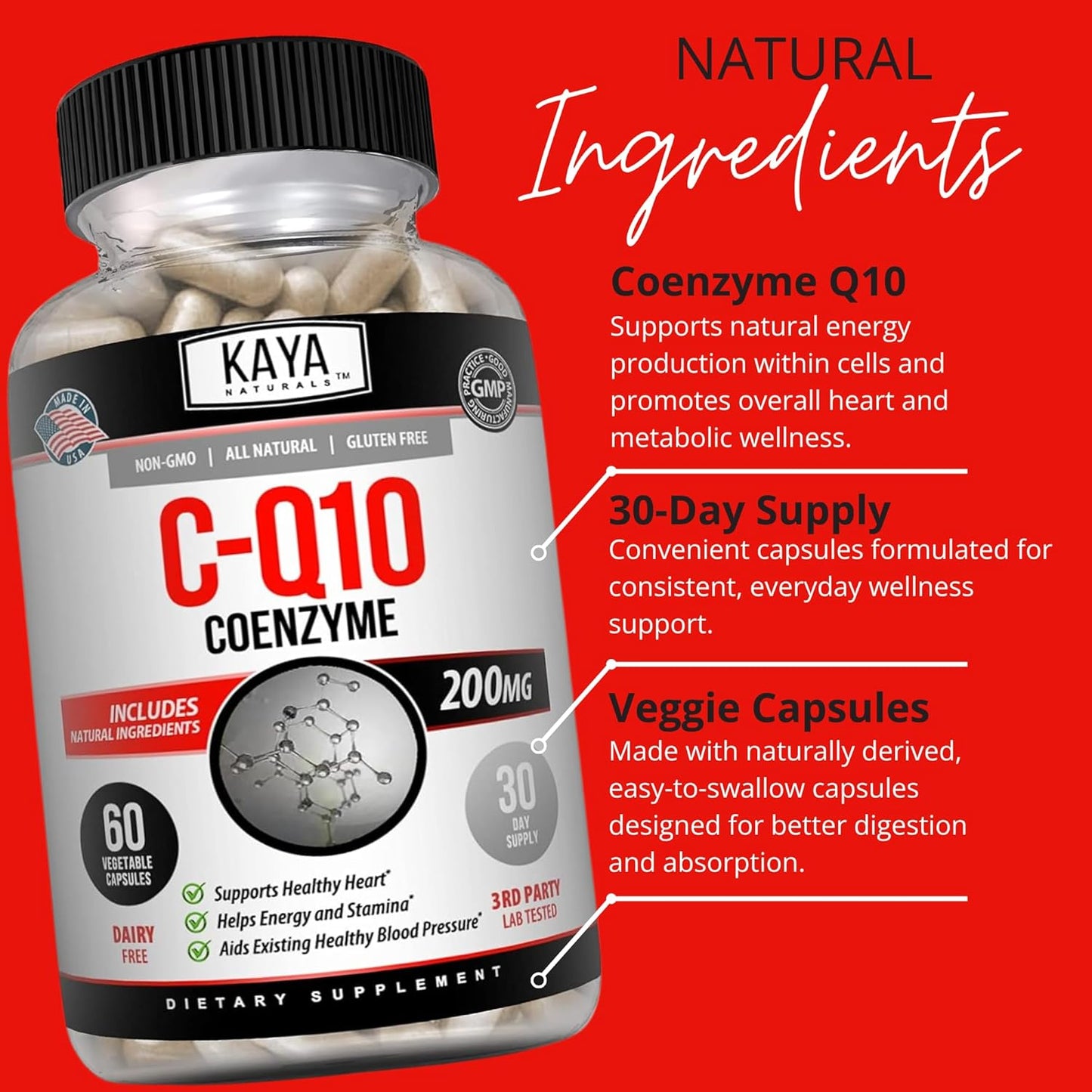 Naturals - Coq10 Power Antioxidant Supplement for Vascular, Heart Health, Healthy Blood Pressure Levels, and Immune Function - Restores Daily Cellular and Energy Production - 60 Veggie Capsules