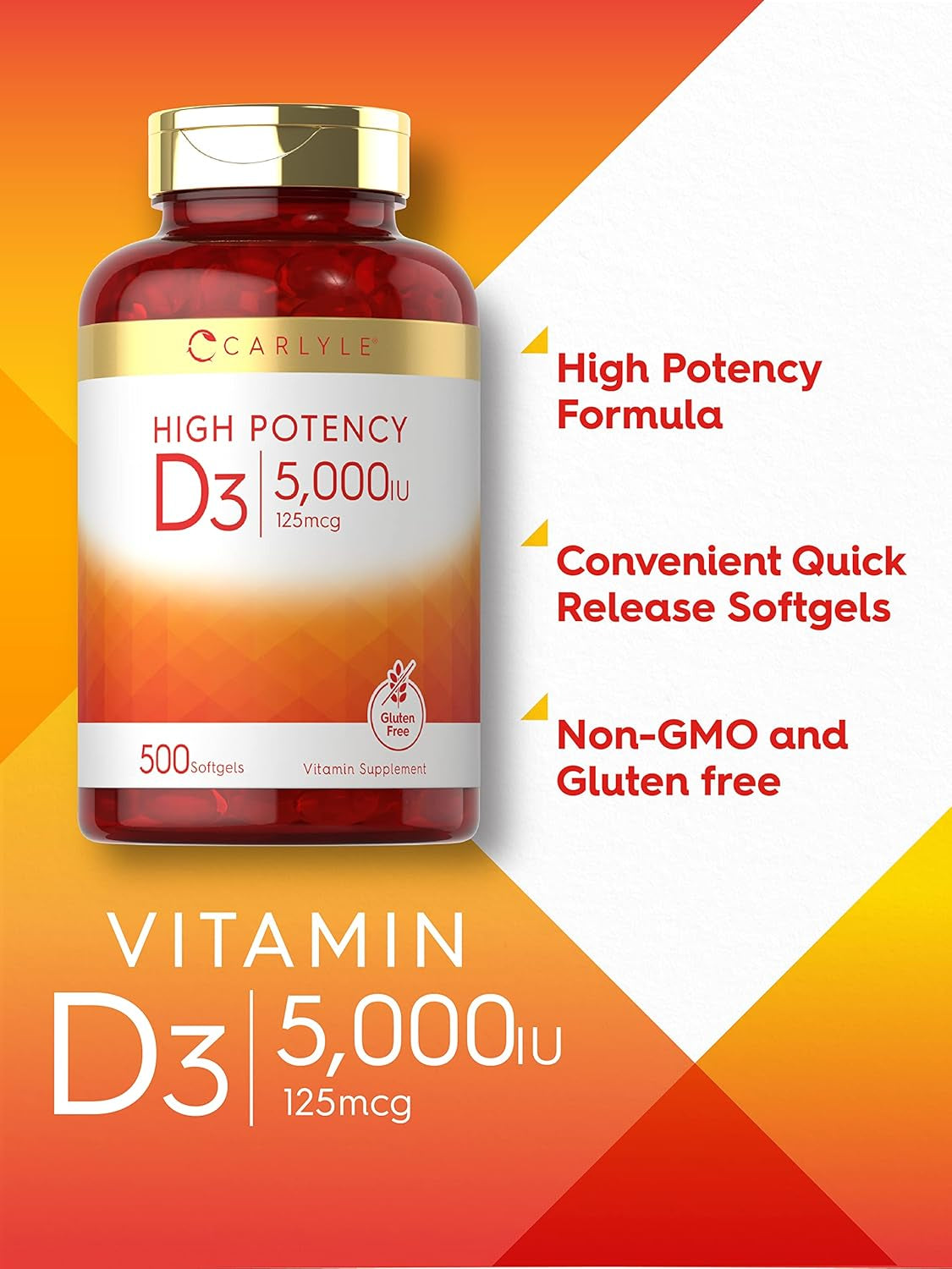 Carlyle Vitamin D3 5000 IU Softgels | 500 Count | Value Size | Non-Gmo and Gluten Free Supplement | High  Formula | 125Mcg