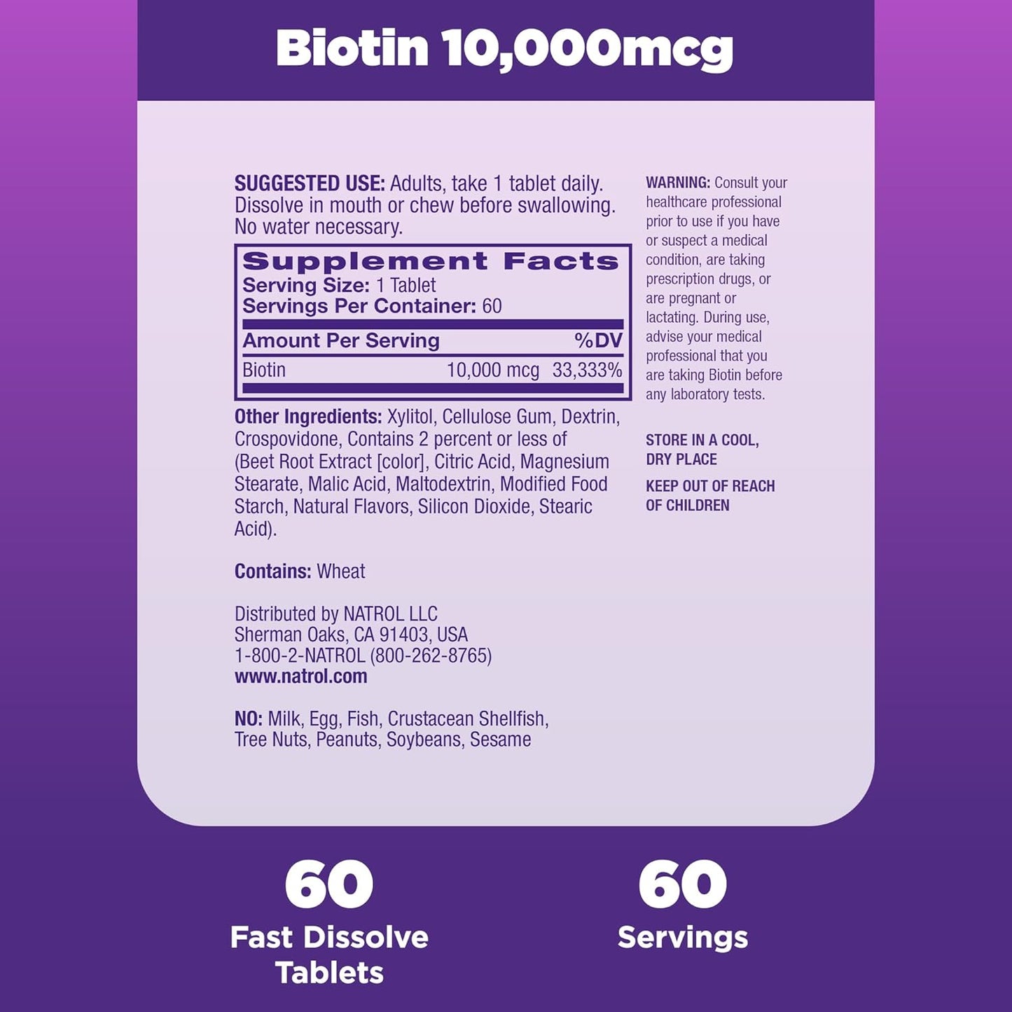 Natrol Biotin 10000Mcg, 4X Faster Dissolve Supplement for Healthy Hair, Skin and Nails for Those Low in Biotin, plus Energy Metabolism Support, 60 Tablets, up to a 60 Day Supply