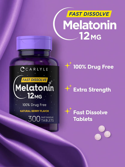 Carlyle Melatonin 12 Mg Fast Dissolve 300 Tablets | Drug Free | Natural Berry Flavor | Vegetarian, Non-Gmo, Gluten Free