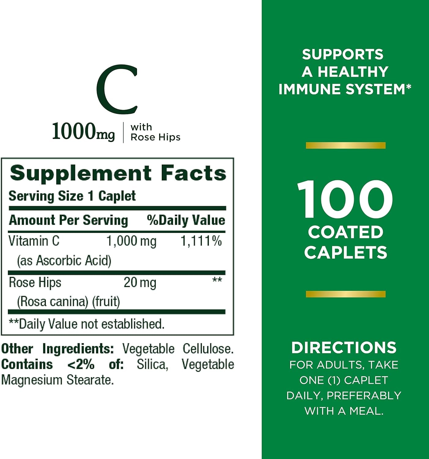 Nature’S Bounty Vitamin C + Rose HIPS, Immune Support, 1000Mg Vitamin C, Coated Caplets, 1 Serving per Day, Vegetarian Caplets, 100 Ct