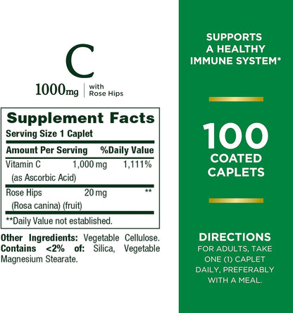 Nature’S Bounty Vitamin C + Rose HIPS, Immune Support, 1000Mg Vitamin C, Coated Caplets, 1 Serving per Day, Vegetarian Caplets, 100 Ct