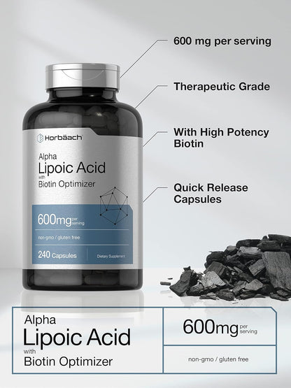 Horbäach Alpha Lipoic Acid 600Mg | 240 Capsules | High  | ALA with Biotin Optimizer | Non-Gmo and Gluten Free Supplement
