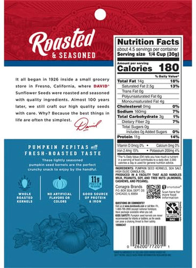 DAVID Sea Salt Pumpkin Pepitas Seeds, Keto Friendly, 5 Oz Resealable Bag