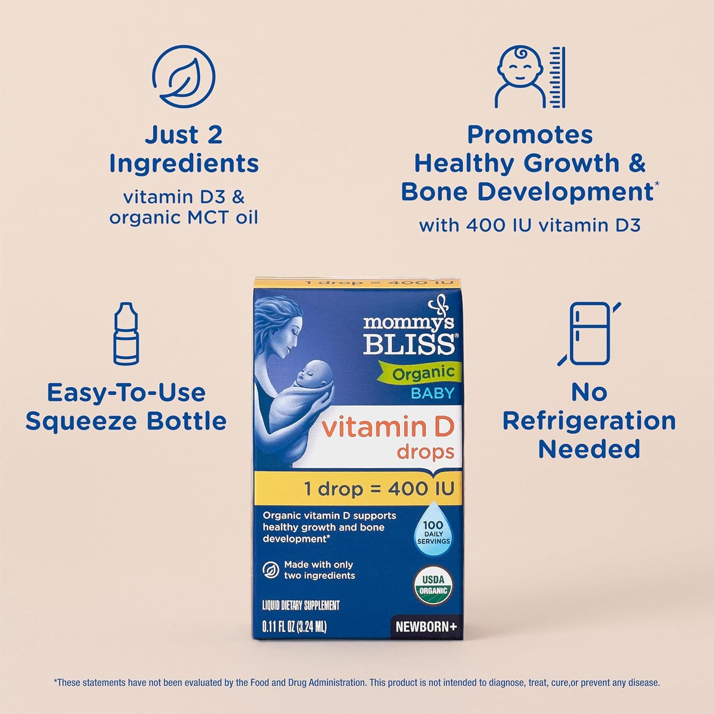 Mommy’S Bliss Organic Vitamin D Drops - Infants and Newborns - Supports Growth and Bone Development - Easy Use Vitamin D3 Supplement for Babies - 400 IU per Drop - 100 Daily Servings