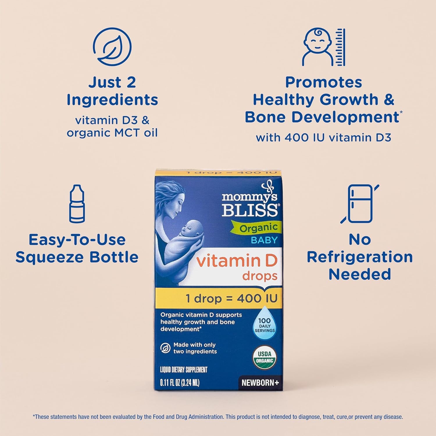 Mommy’S Bliss Organic Vitamin D Drops - Infants and Newborns - Supports Growth and Bone Development - Easy Use Vitamin D3 Supplement for Babies - 400 IU per Drop - 100 Daily Servings