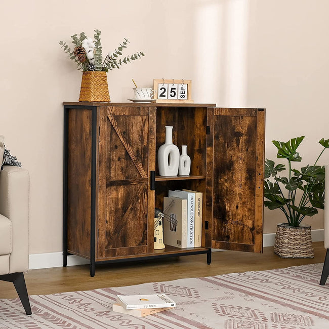 Storage Cabinet, with 2 Doors & 1 Shelf, Wooden Buffet Cabinet Rustic Brown & Black