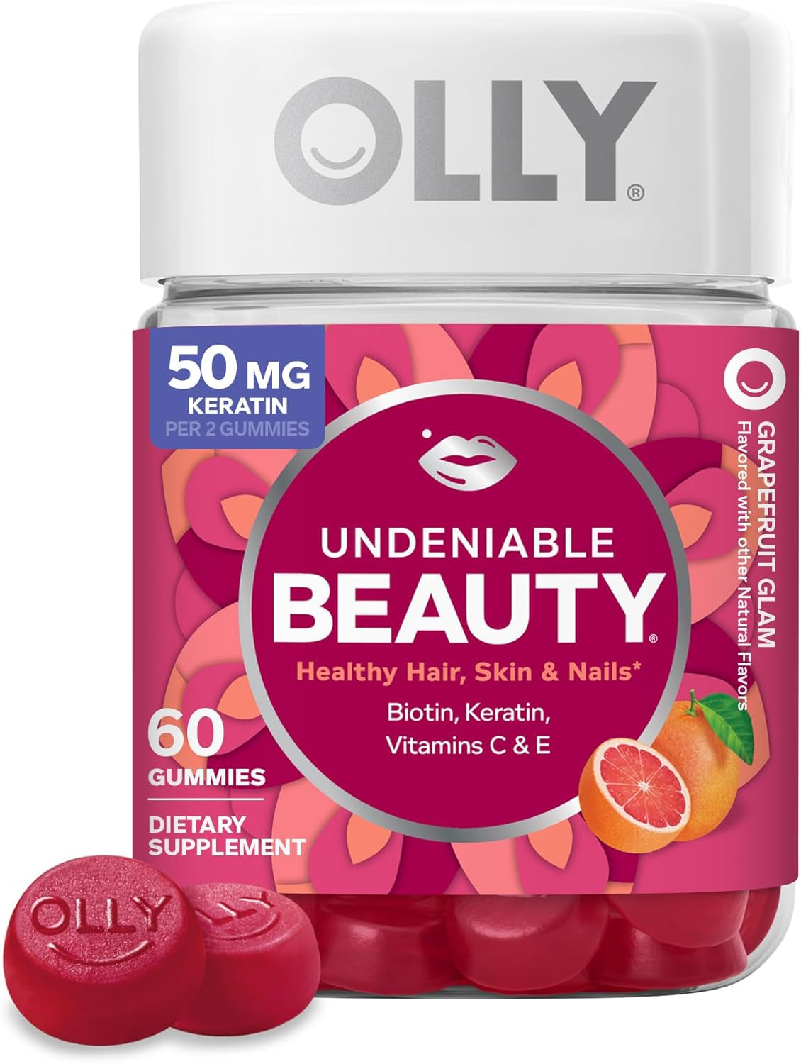 OLLY Undeniable Beauty Gummy, for Hair, Skin, Nails, Biotin, Vitamin C, Keratin, Chewable Supplement, Grapefruit, 30 Day Supply - 60 Count