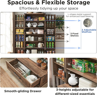 Kitchen Pantry Cabinet with Drawer 72" Tall Cabinet with 2 Barn Doors and Shelves, Rustic Brown