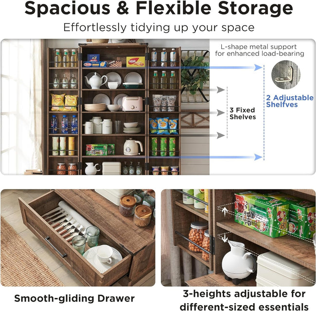 Kitchen Pantry Cabinet with Drawer 72" Tall Cabinet with 2 Barn Doors and Shelves, Rustic Brown